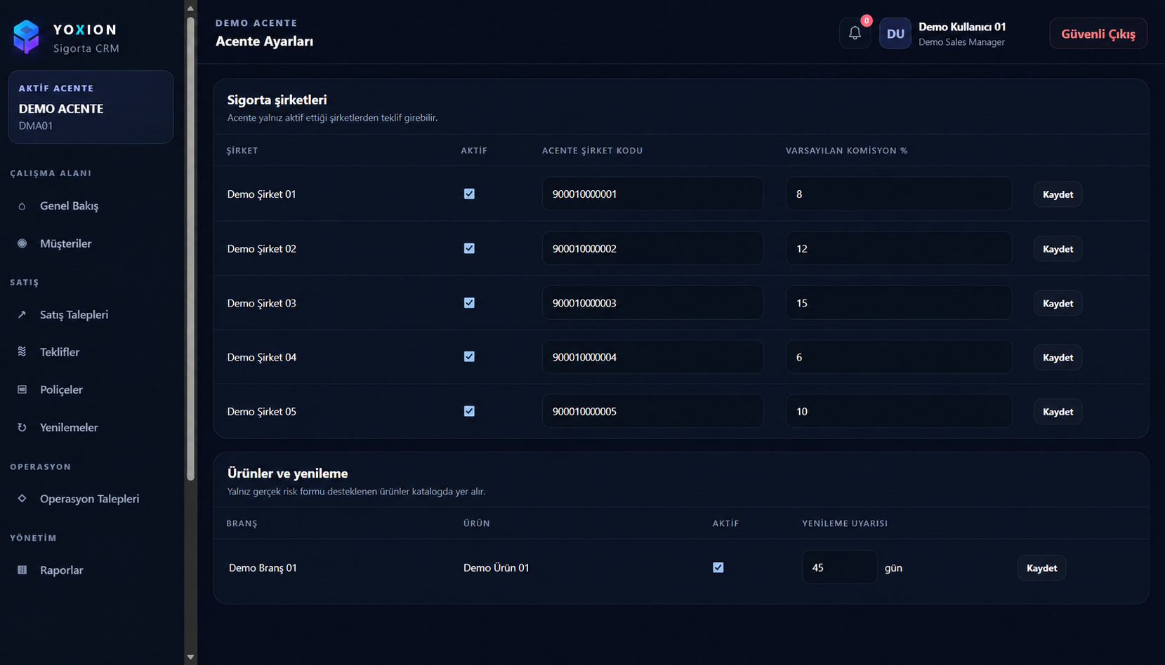 YOXION acente ayarları ekranı